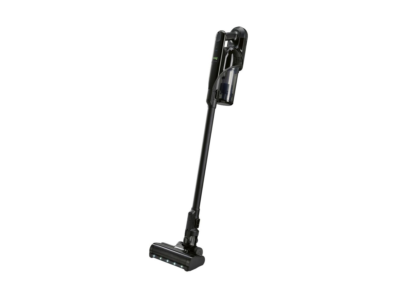 A black cordless stick vacuum cleaner stands upright on a white background.