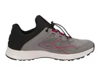 Grey and black men's athletic shoe with red accents and speed lacing system.