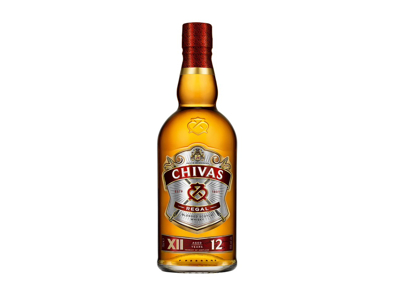 Sticlă de whisky scoțian Chivas Regal 12 ani.