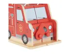 A wooden toy fire truck with a red body and illustrated details.