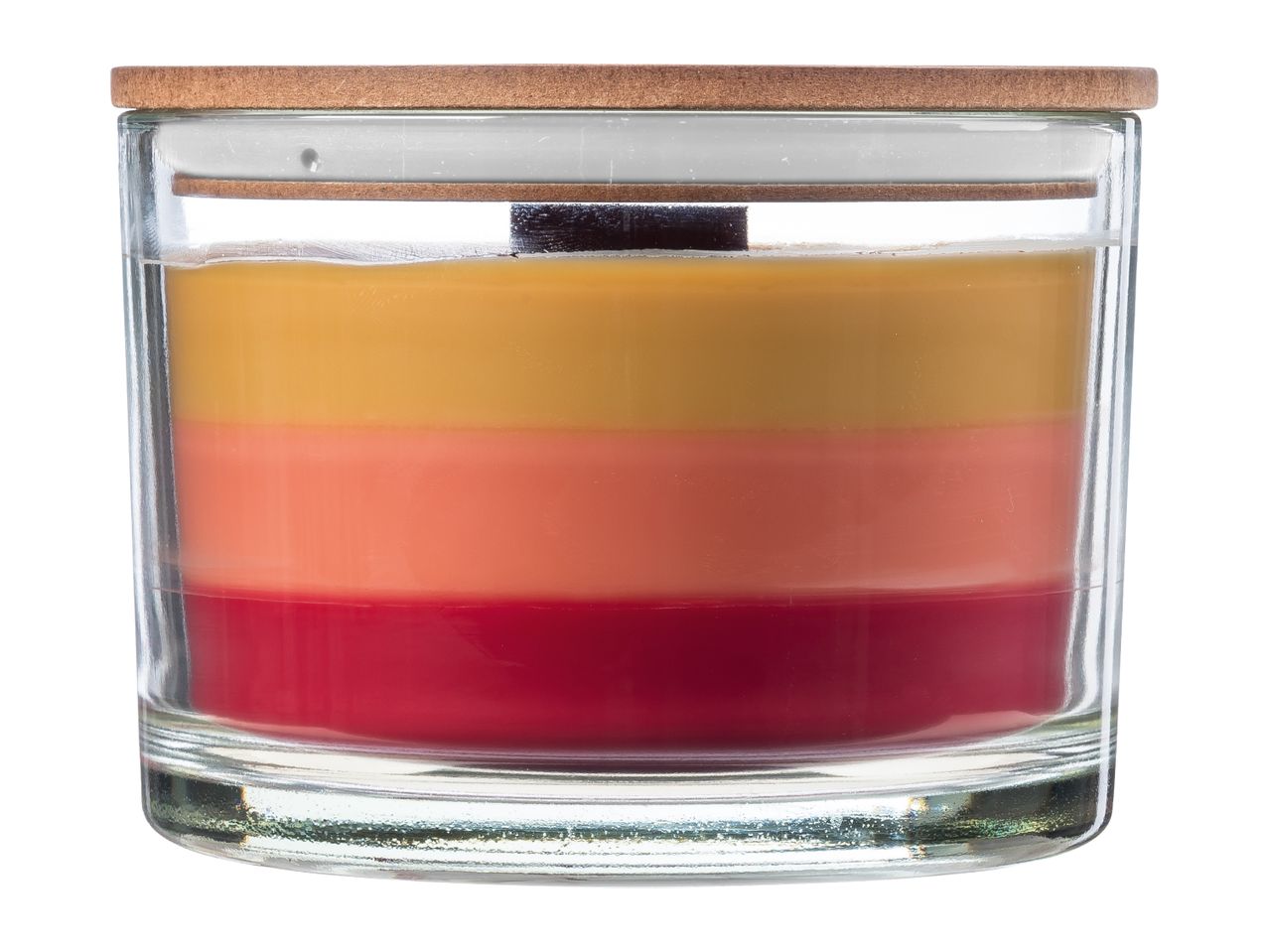 Layered candle in a glass jar with a wooden lid, featuring yellow, orange, and red wax.