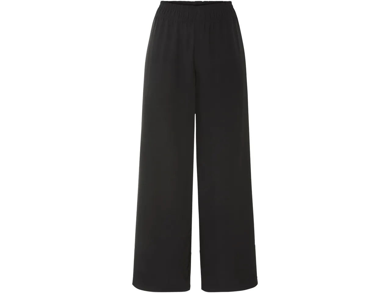 Pantaloni neri a vita alta, stile palazzo.
