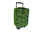Green children's trolley suitcase with a pattern of video game characters and items.