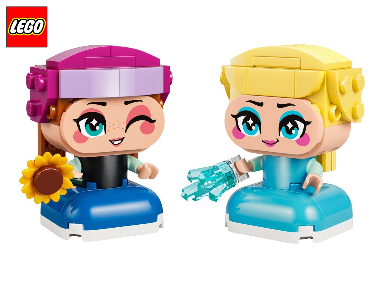 Two colorful brick-built figures, one with a sunflower and the other with ice crystals.