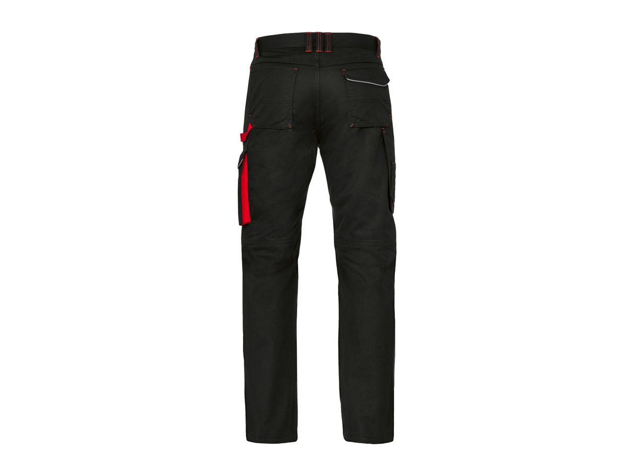 Black work trousers with red accents and multiple pockets, seen from the back.