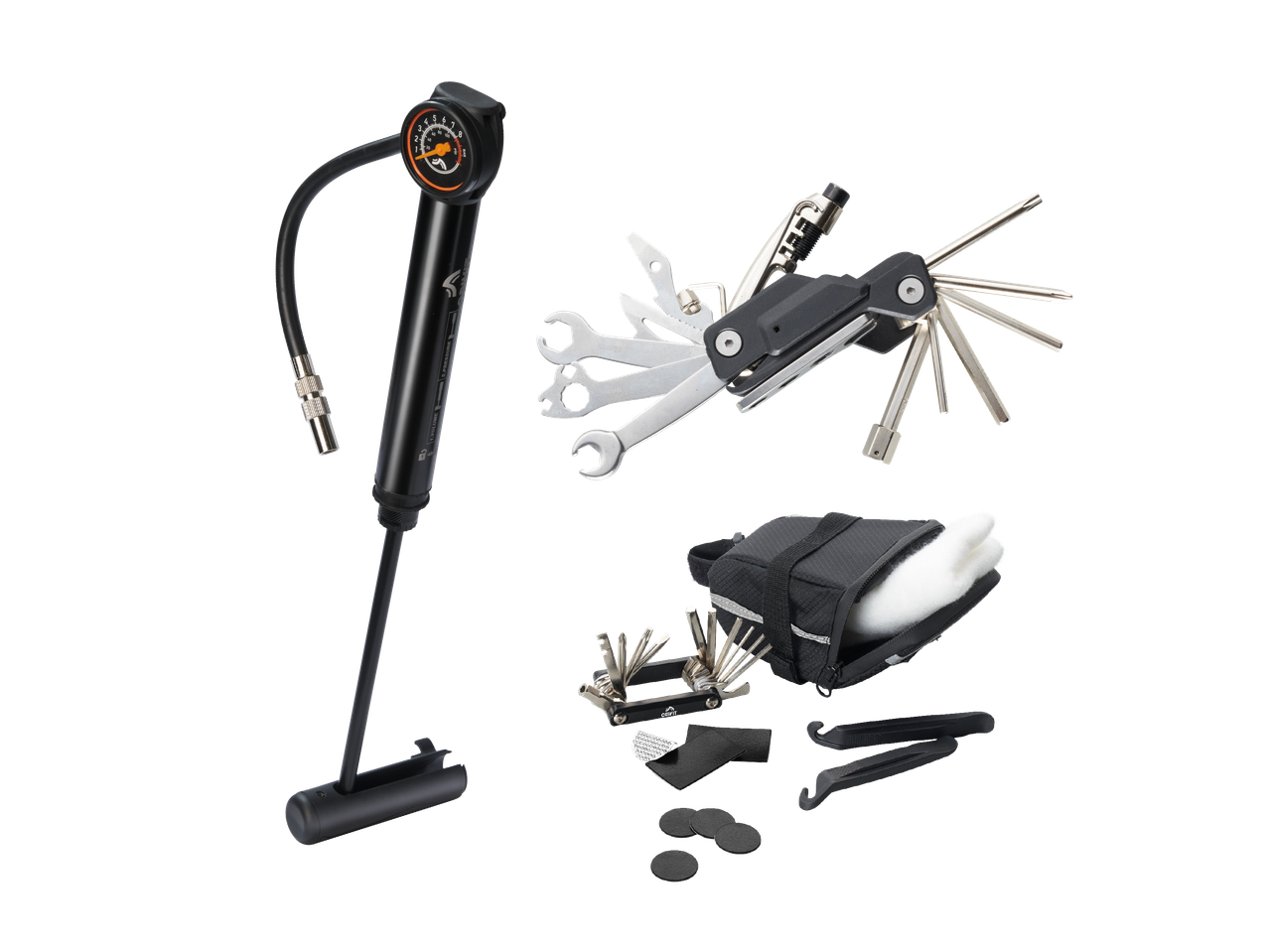 Komplet za popravilo kolesa: tlačilka, večnamensko orodje, torbica s priborom za popravilo pnevmatik in ročice za pnevmatike.