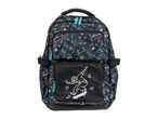 Black backpack with a skateboard and lightning bolt pattern, featuring a graphic of a person skateboarding.
