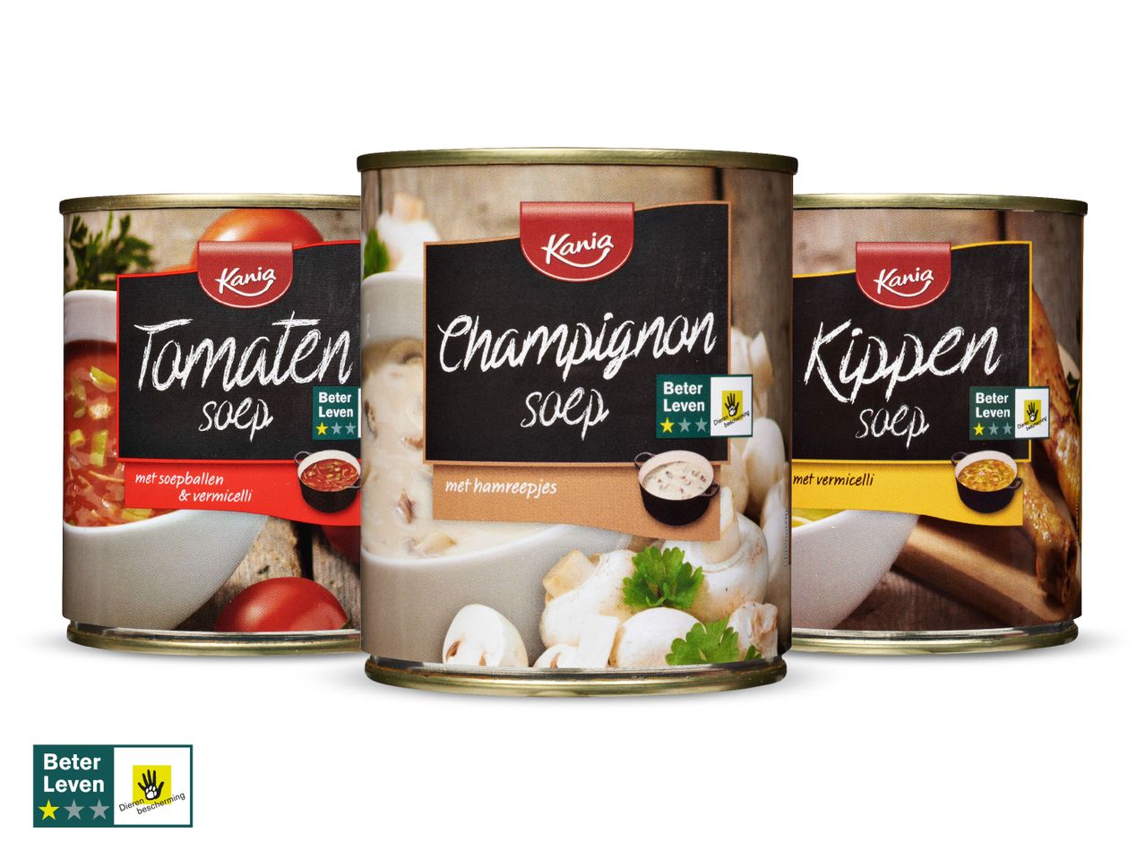 Kania soepen: tomaten, champignon en kip.