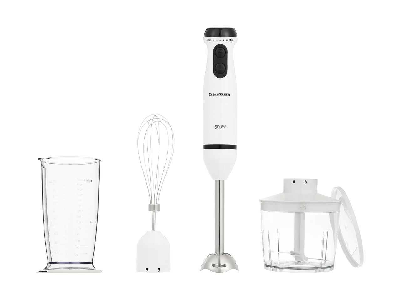 White immersion blender set with beaker and chopper.