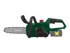 A green and black cordless chainsaw with a silver blade and a red cap.