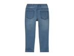 Back view of blue denim jeans with an elastic waistband and two back pockets.