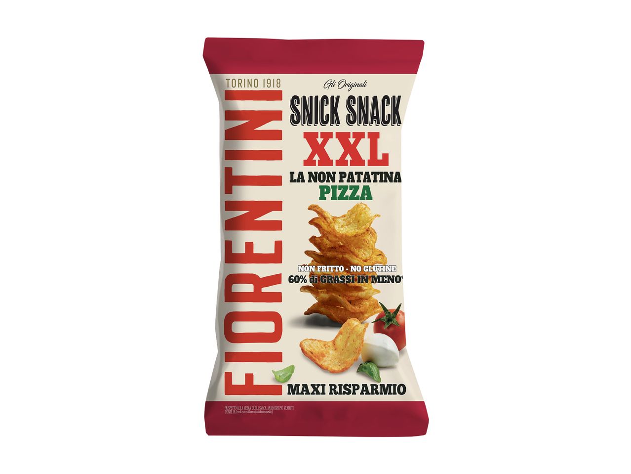 Sacchetto di patatine FIORENTINI Snick Snack XXL Pizza, non fritte e senza glutine.