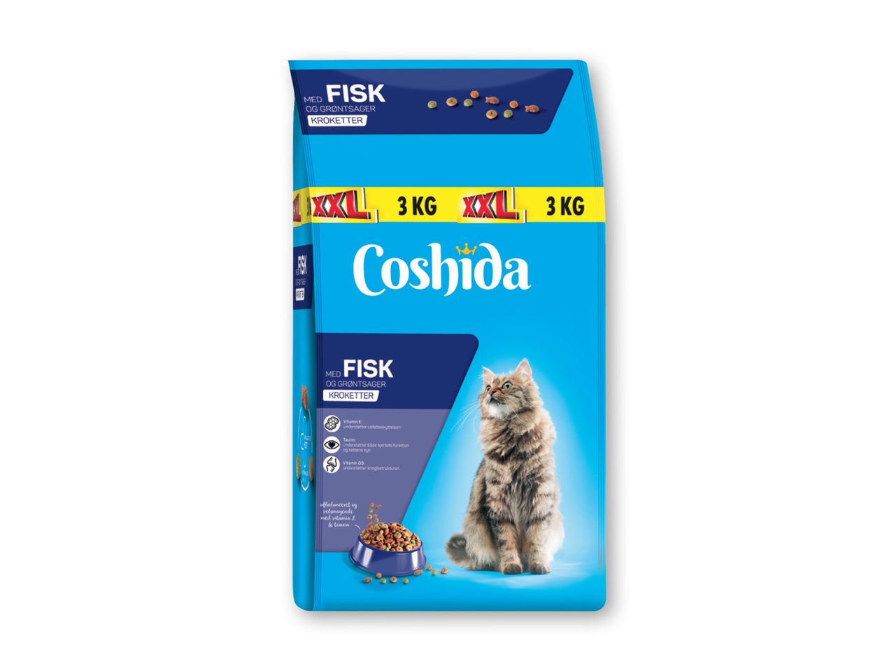 Coshida kattefoder med fisk og grøntsager i en 3 kg XXL-pose.