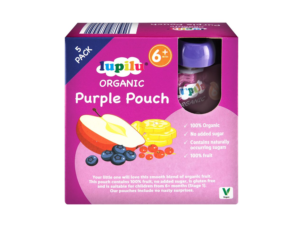 5 Lupilu Organic Purple Pouch fruit pouches for babies from 6 months.
