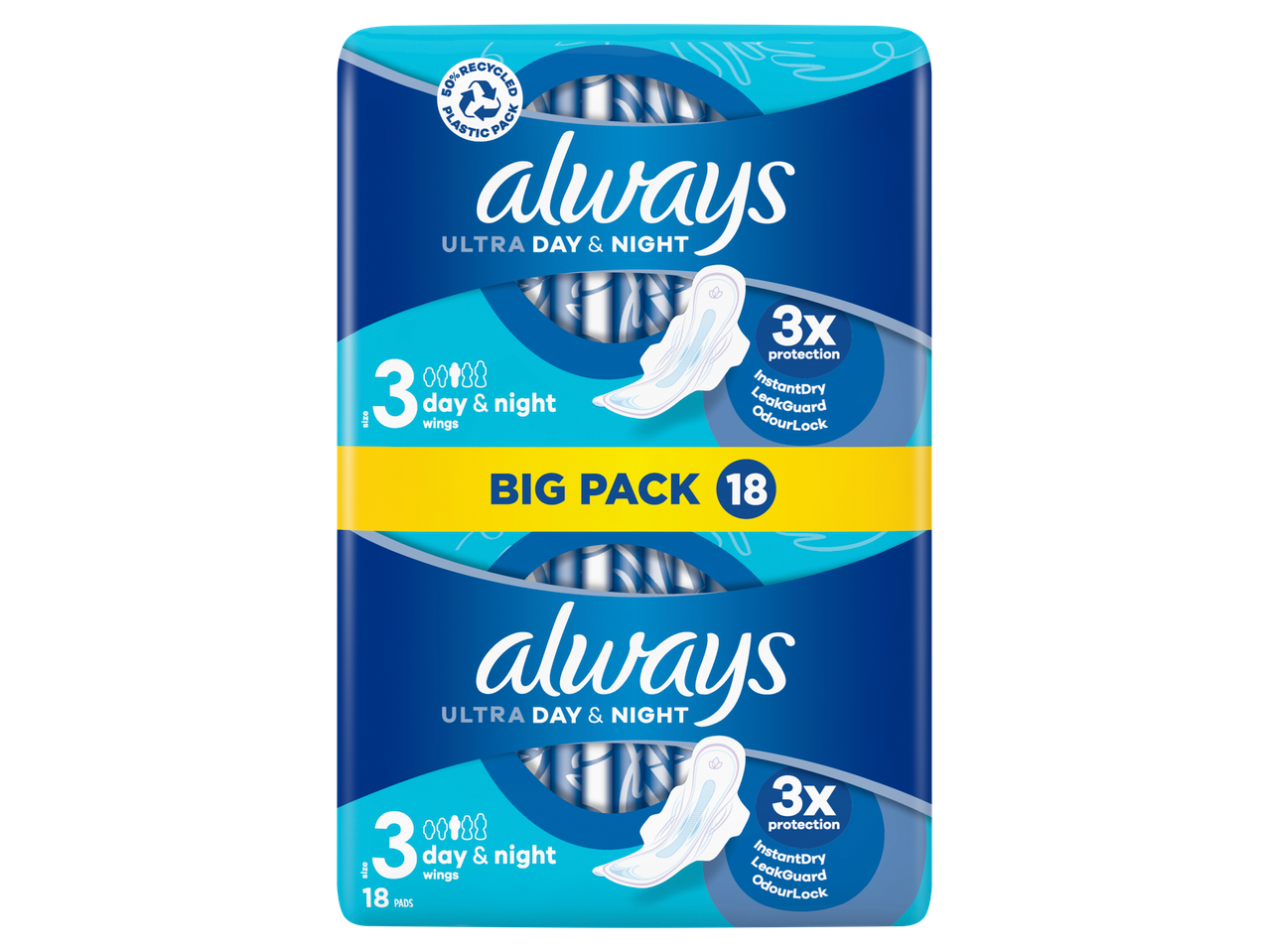 Always Ultra Day & Night sanitary pads: 18 count, 3x protection.