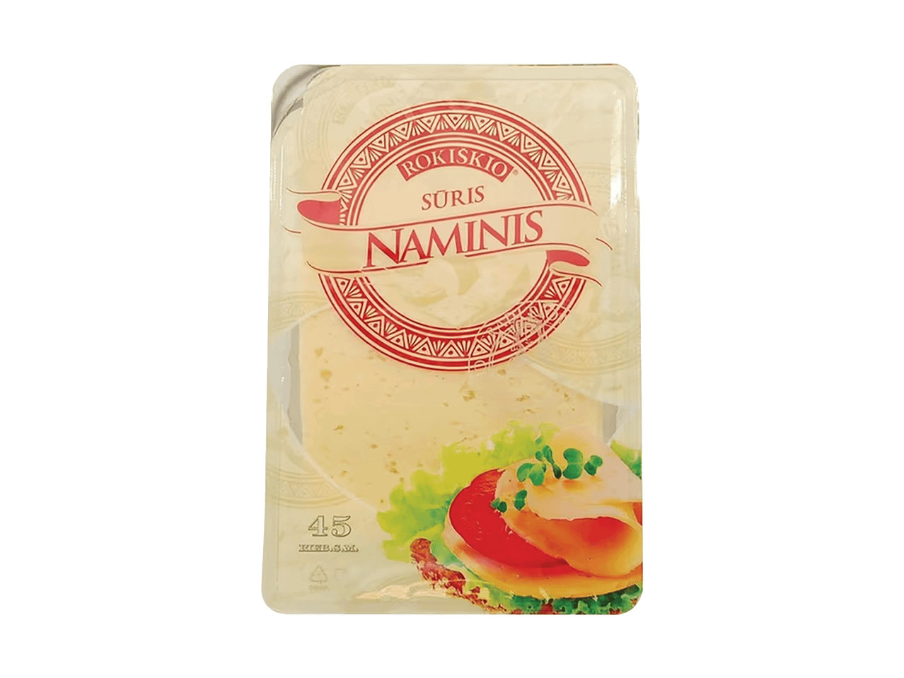 Sūrio pakuotė su užrašu „Naminis“ ir sumuštinio atvaizdu.