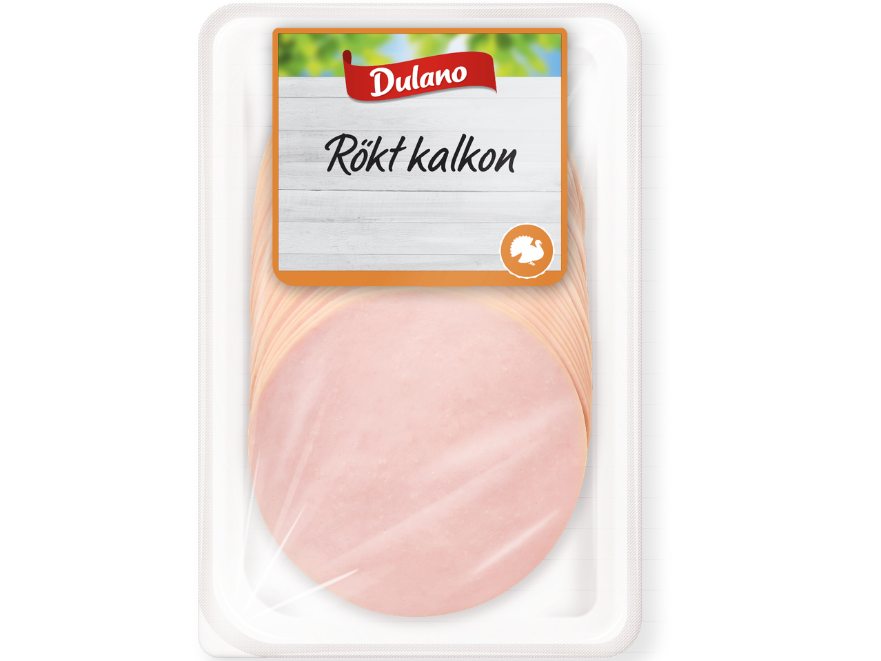 Förpackning med skivad rökt kalkon från Dulano.
