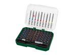 Open green case containing a comprehensive screwdriver bit set with various sizes and types.