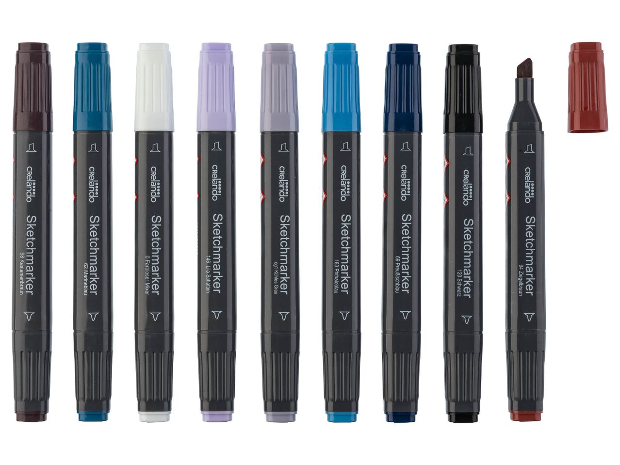 Nine Crelado Sketchmarkers in various colors, with one marker uncapped.