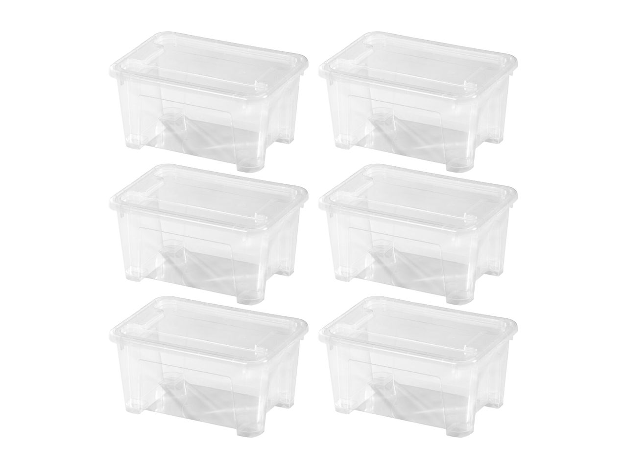 Six clear plastic storage boxes with lids, arranged in two columns on a white background.