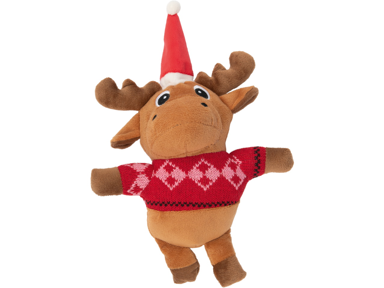 Jõulu-põdra plüüsmänguasi jõulumütsi ja punase roosade rombidega kampsuniga