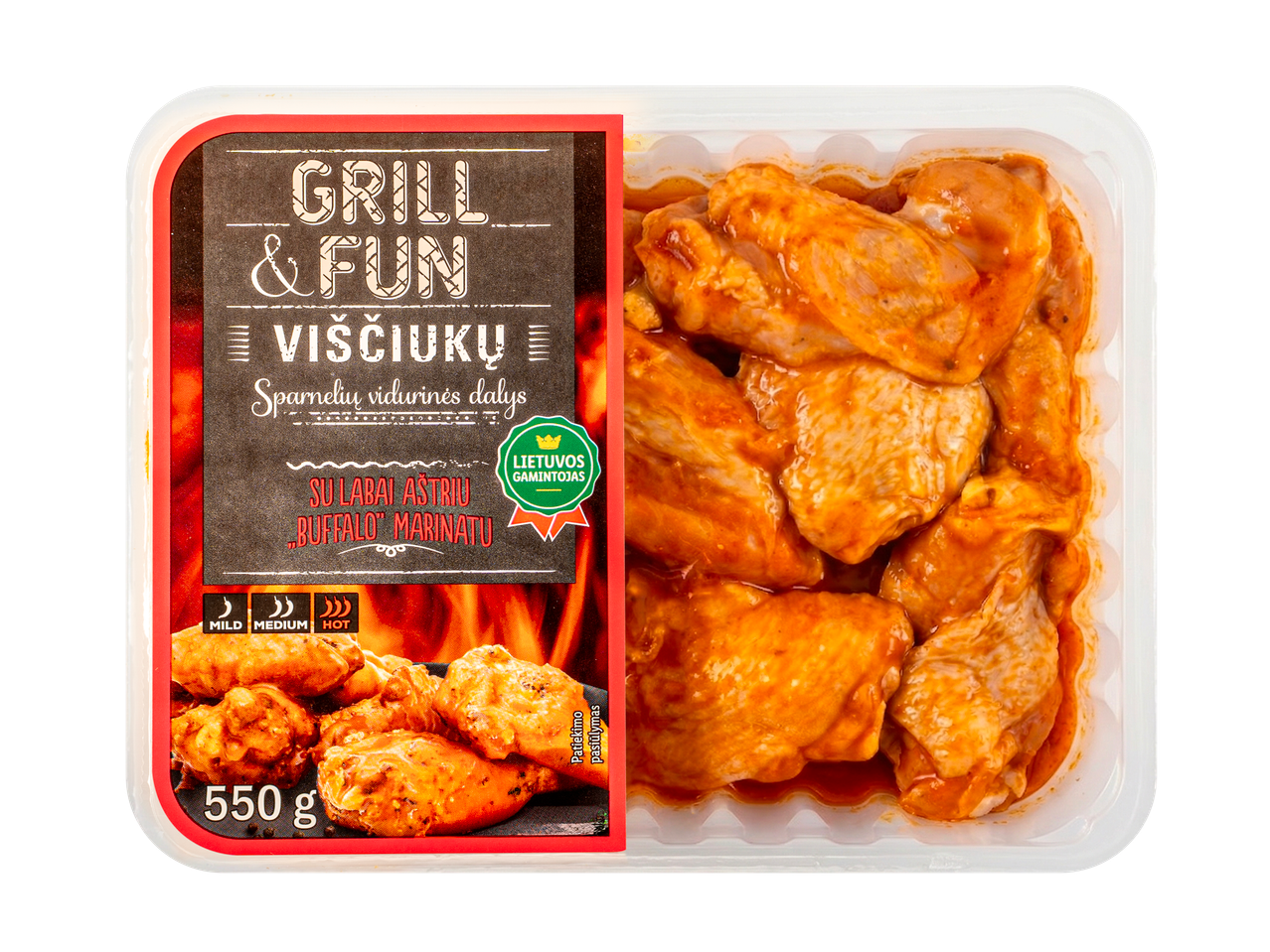 GRILL & FUN vištienos sparnelių vidurinės dalys aštriame Buffalo marinate, 550g.