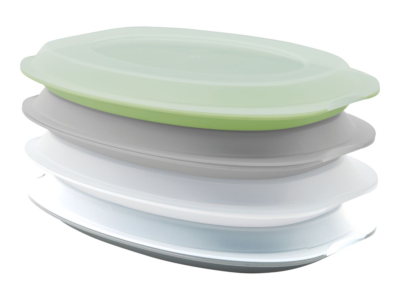 Stackable oval food storage containers with lids.