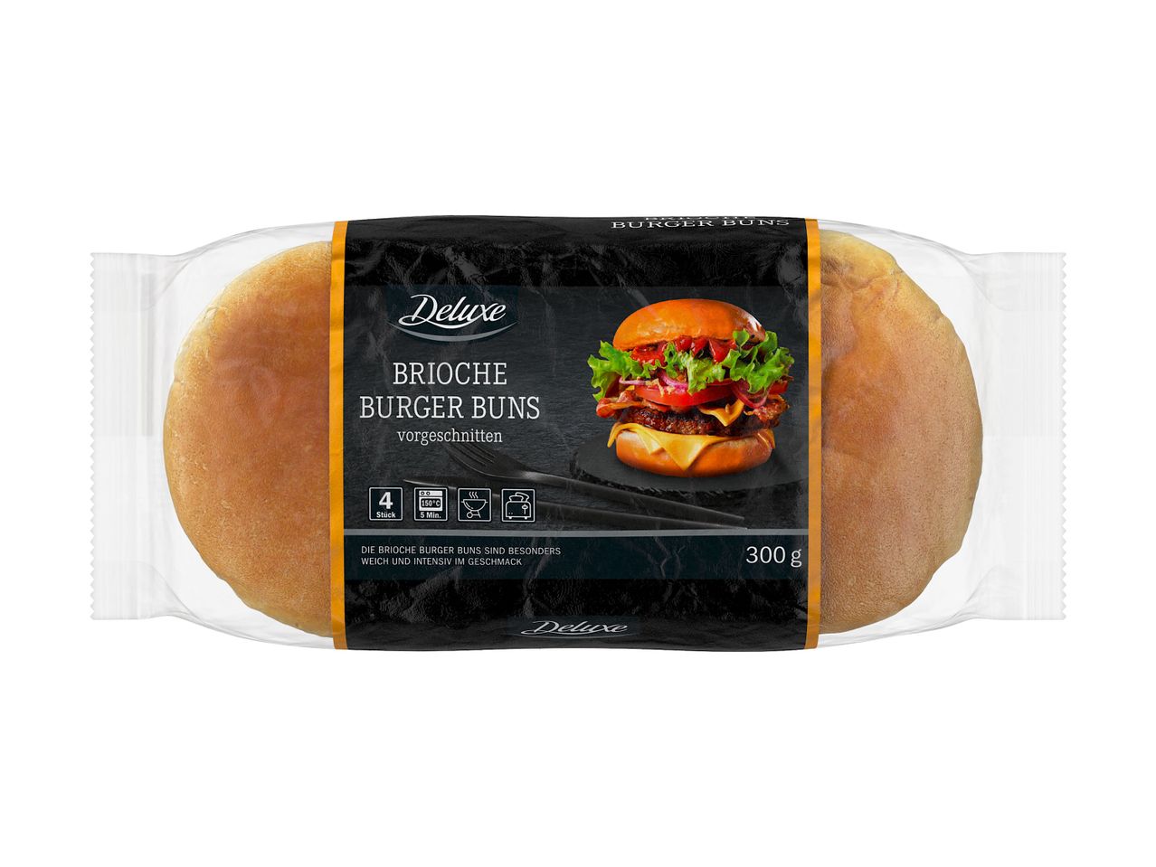 Verpackung mit Brioche Burger Buns, vorgeschnitten, 4 Stück, 300g