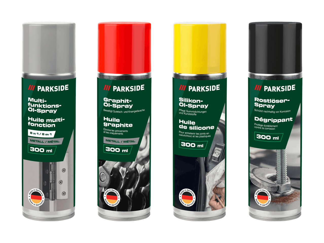 Vier Sprühdosen: Multifunktionsöl, Graphitöl, Silikonöl und Rostlöser, jeweils 300 ml.