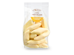 Een zak witte chocolade spekjes met een label met cacaobonen en de tekst 'Chocolade Spekjes'.