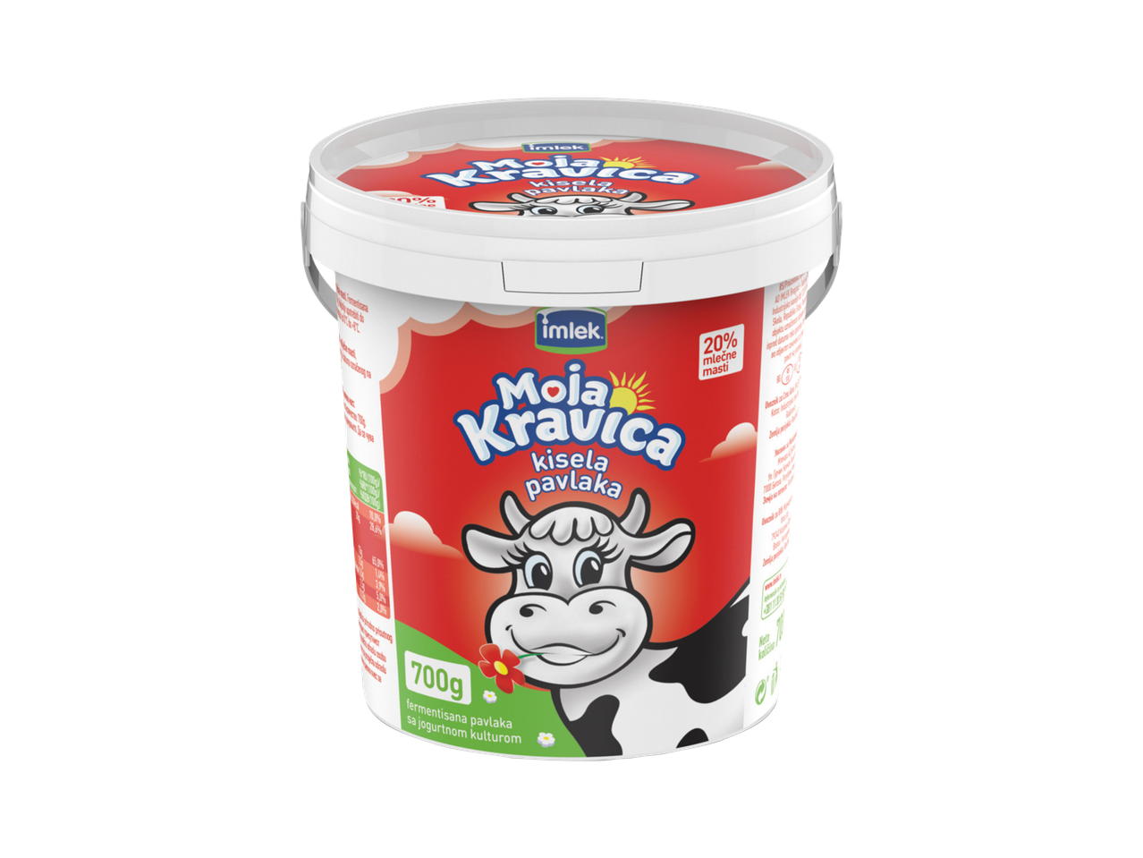 Kremasta pavlaka sa 20% mlečne masti, 700g, sa ilustracijom krave.