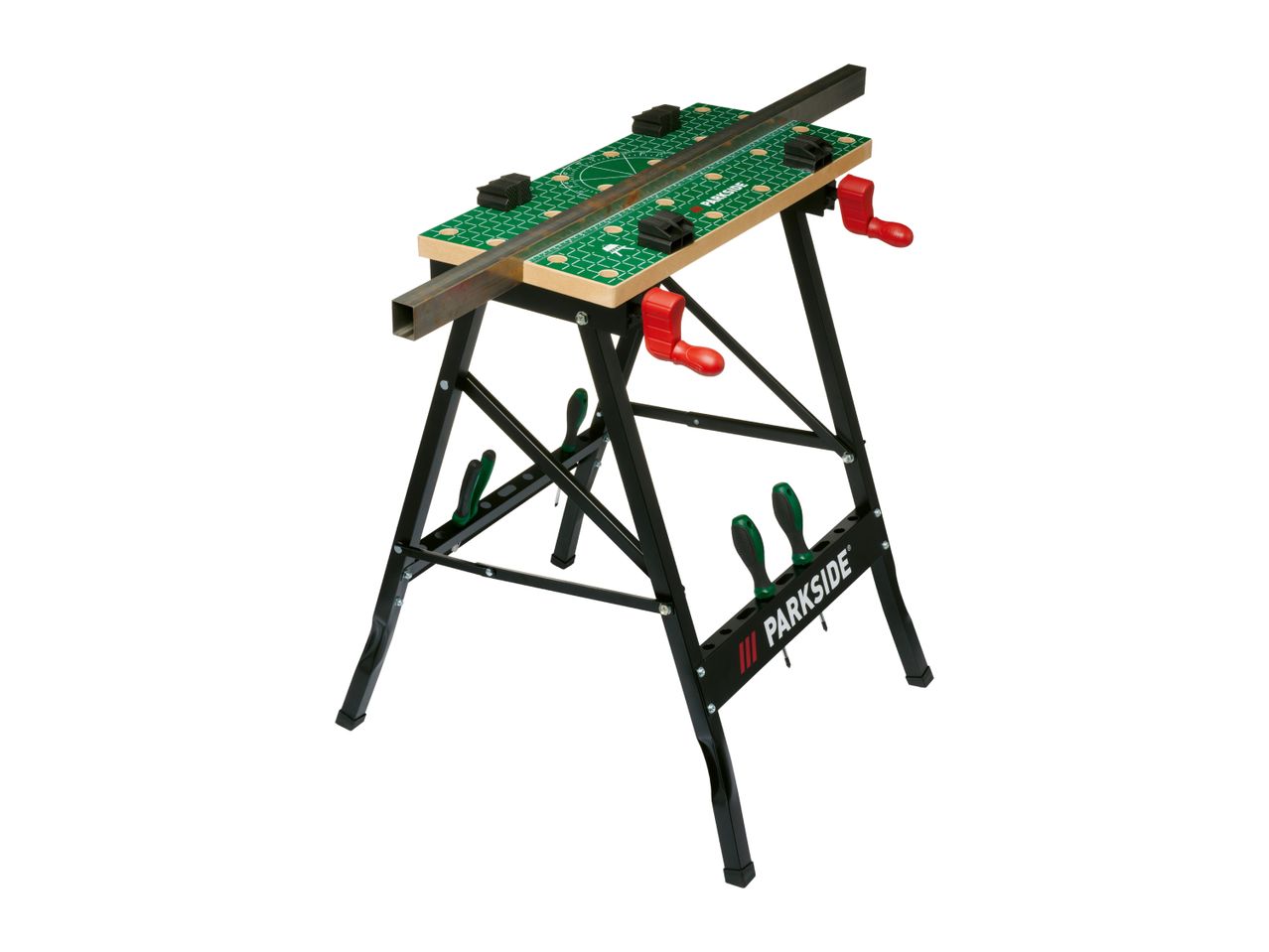 A black and green workbench with a metal bar clamped on top, featuring red handles.