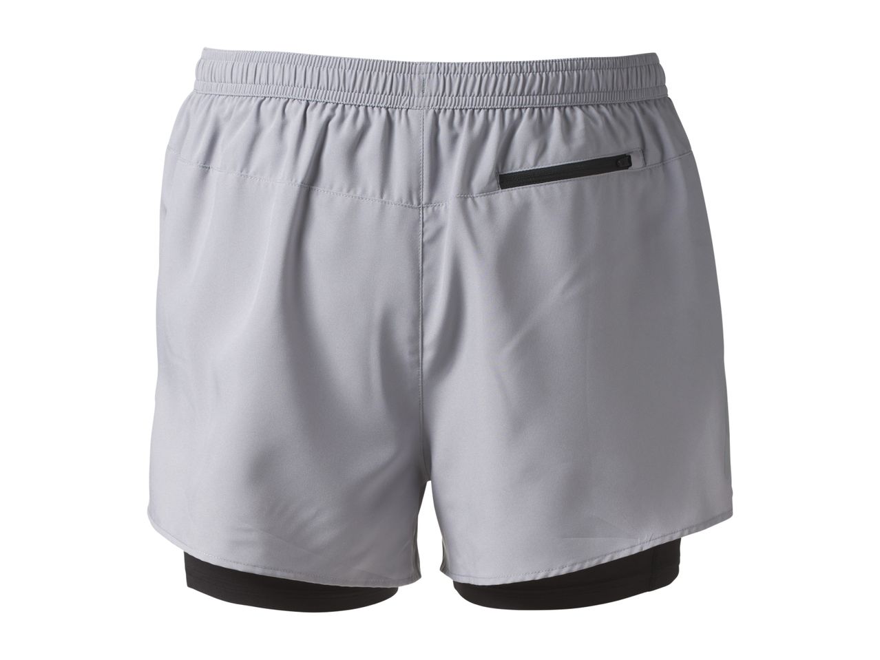 Men's grey running shorts with black inner shorts and a zippered back pocket.