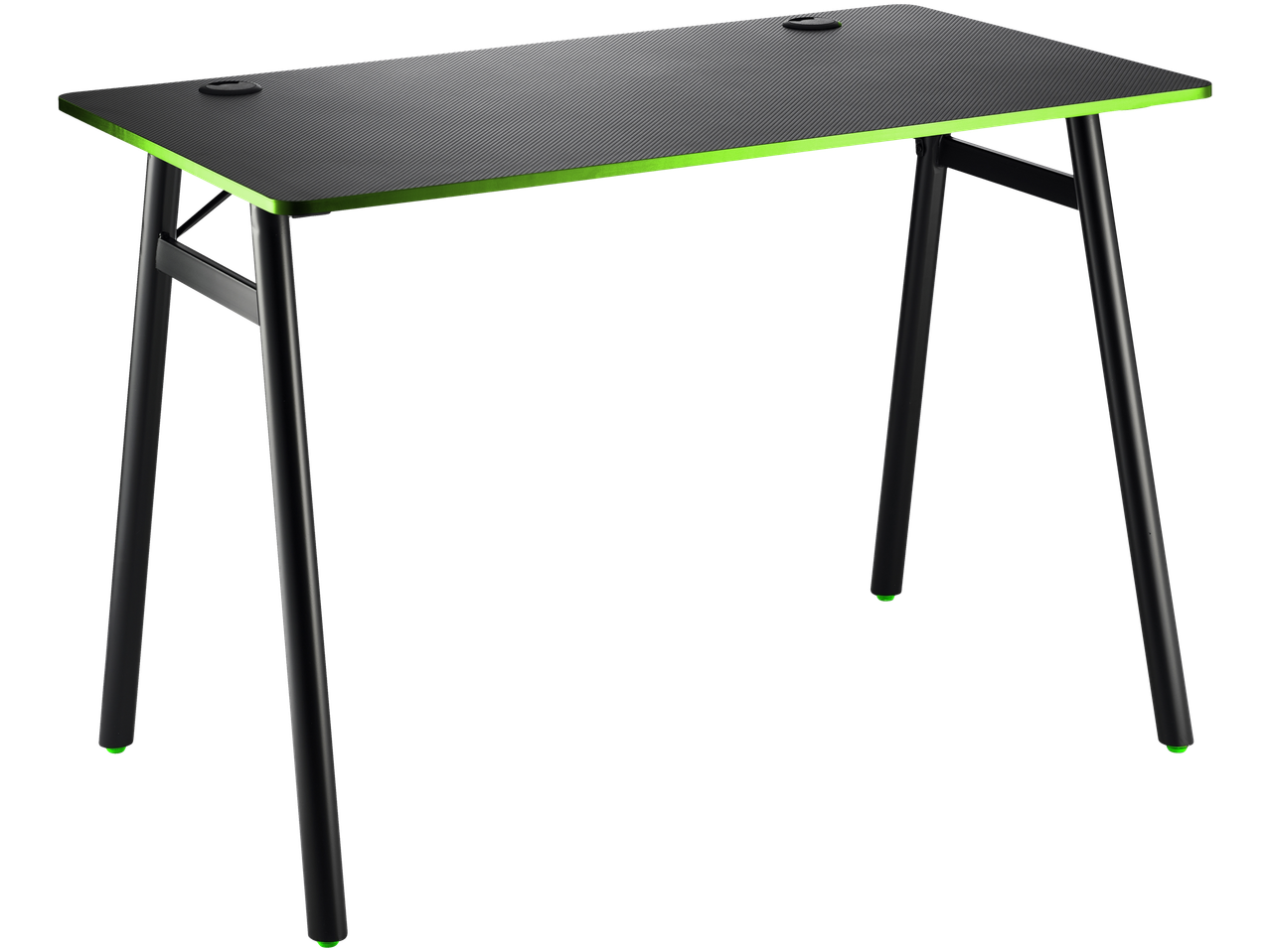 Black gaming table with green trim and two cable management holes