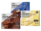 Tri škatle sladolednih lučk Gelatelli Protein Ice Bar v različnih okusih.