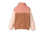 Color block teddy fleece pullover in pink, brown, and cream with a high neck.