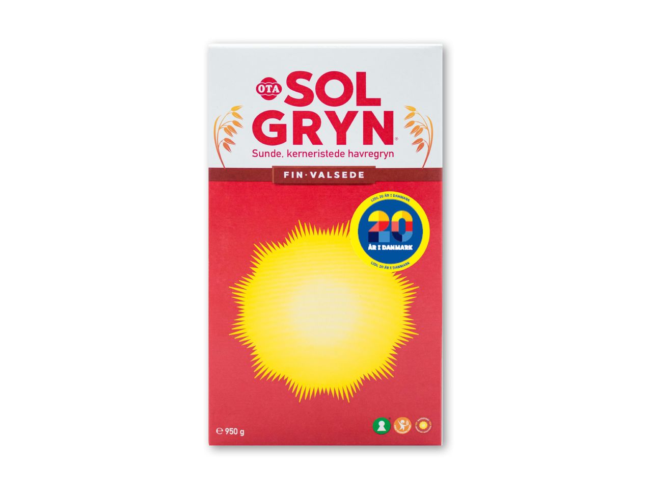Pakke med Sol Gryn havregryn med et solmotiv og tekst om 20 års jubilæum.