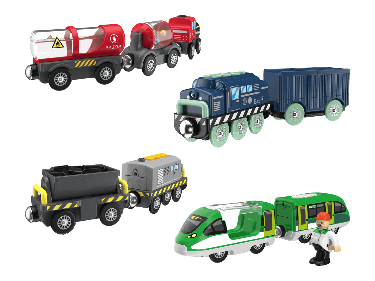 Lelujunia ja vaunuja, mukaan lukien sininen veturi, vihreä matkustajajuna ja punainen säiliövaunu.