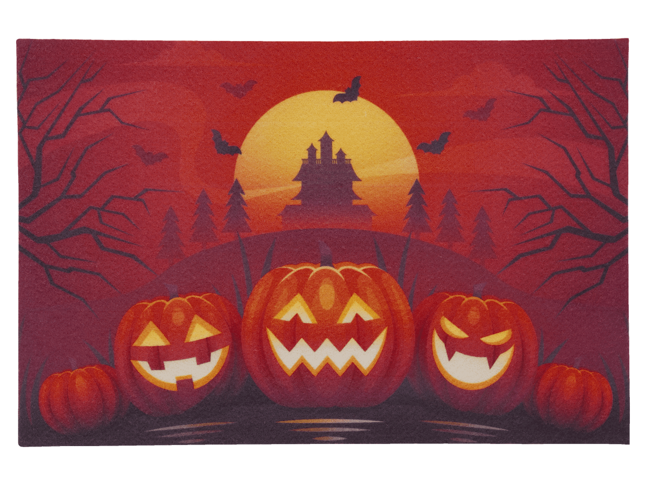 Halloweeni lábtörlő vörös háttérrel, kísértetházzal és vicsorgó tökökkel.