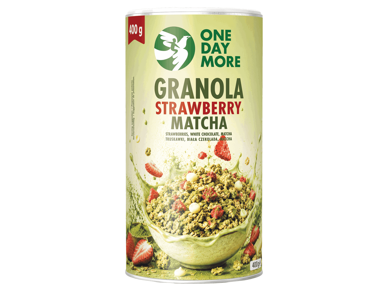 Epres-matchás granola fehér csokoládéval, 400 g-os kiszerelésben.