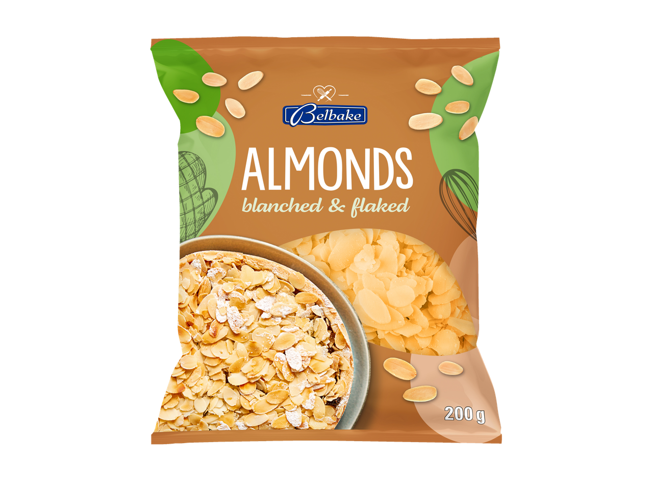 Bellbake blanchētas un plāksnītes mandeles 200g iepakojumā.