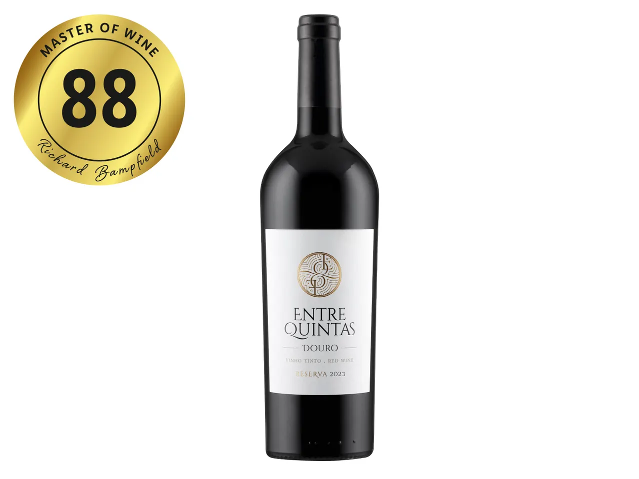 Entre Quintas Douro Reserva 2023 red wine bottle with an 88-point Master of Wine rating.