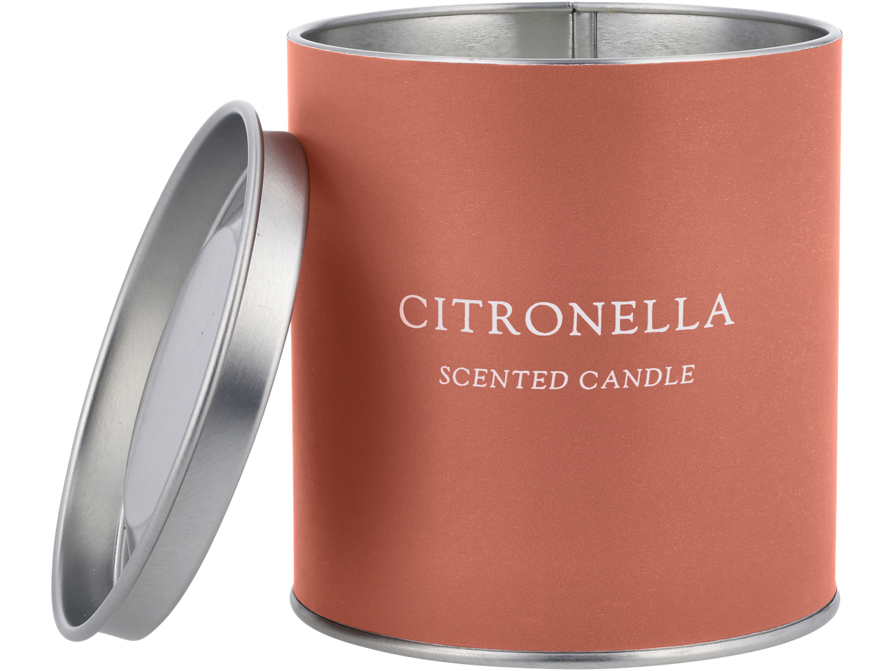 LIVARNO CLEMENTINE geurkaars in een terracotta blik met zilveren deksel