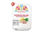 Potato salad with smoked bacon, featuring a folk-art design and nutritional information.