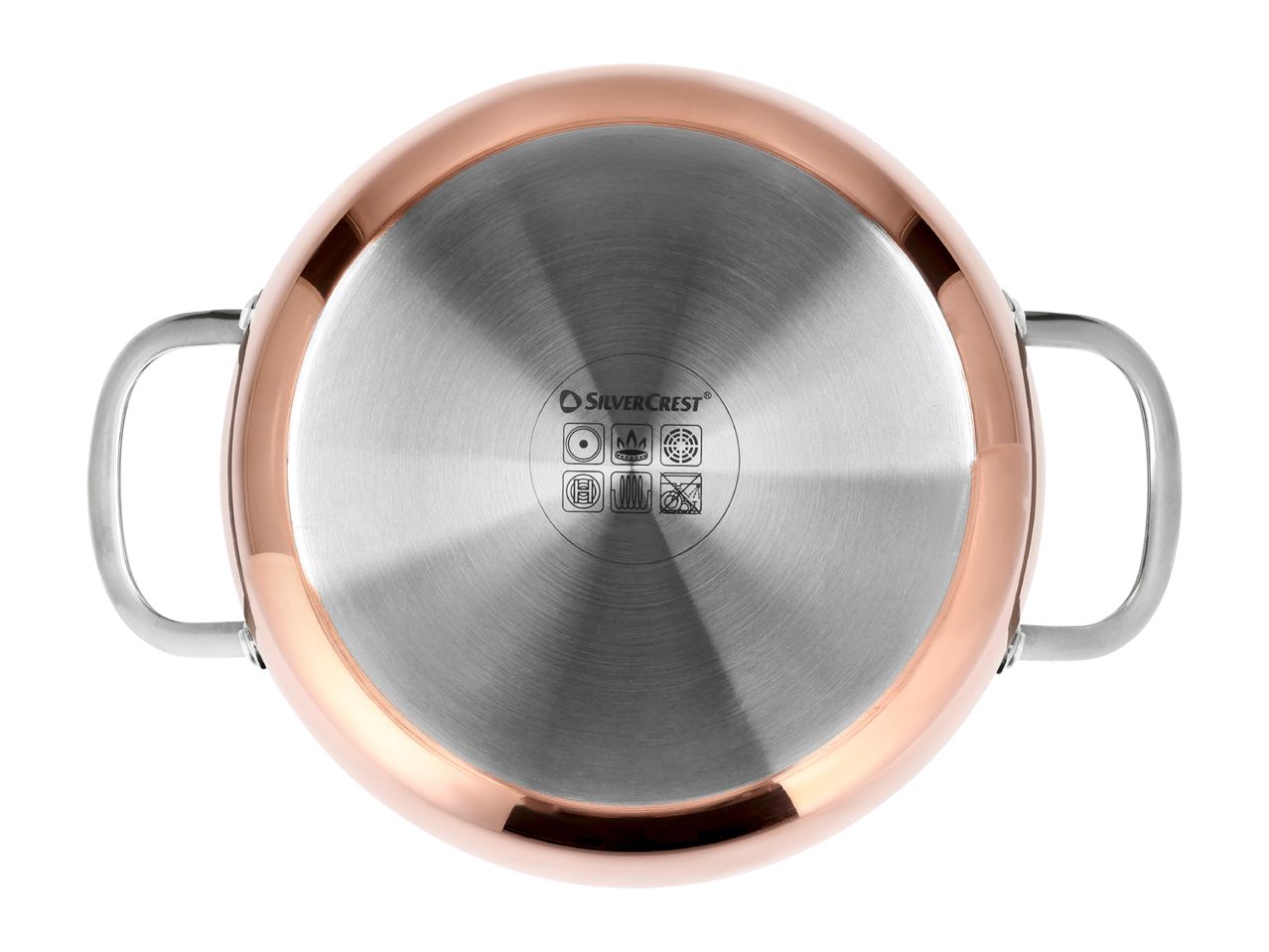 Bottom of a copper-colored pot with induction and stove compatibility symbols
