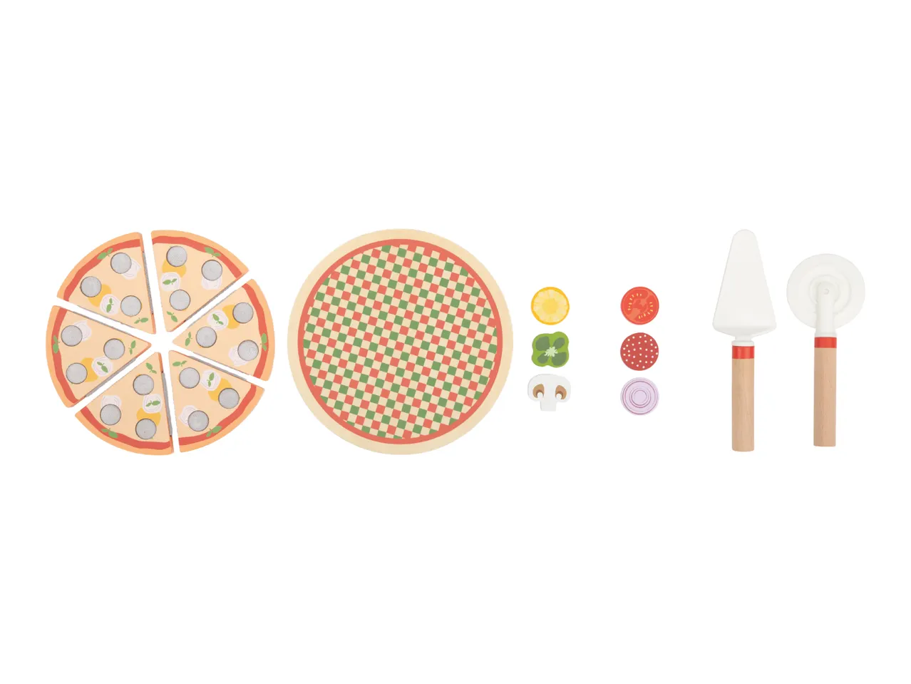 Wooden toy pizza set with slices, toppings, a pizza board, and serving utensils.