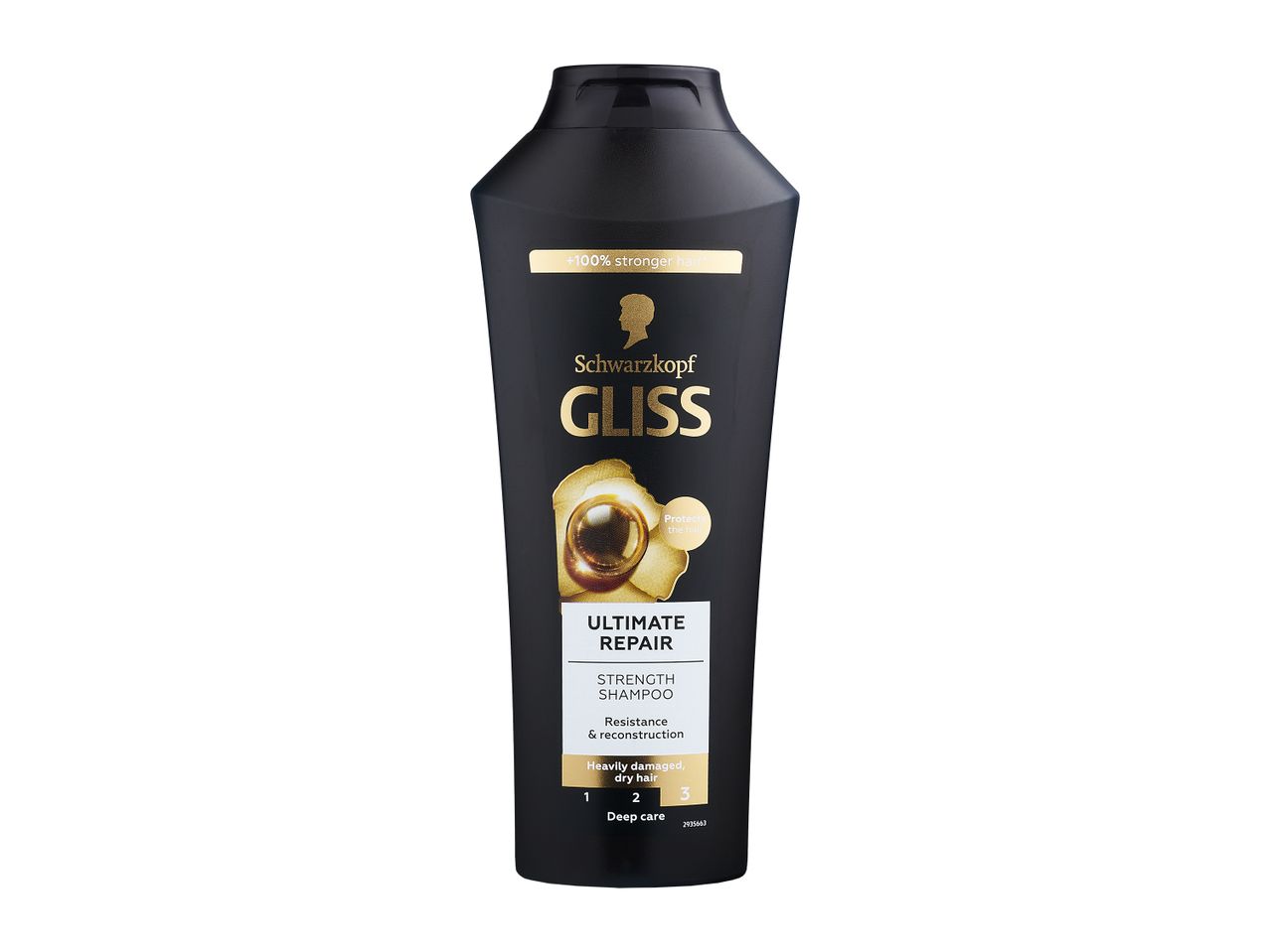 Juodas „Schwarzkopf Gliss Ultimate Repair“ stiprinamasis šampūnas pažeistiems plaukams.
