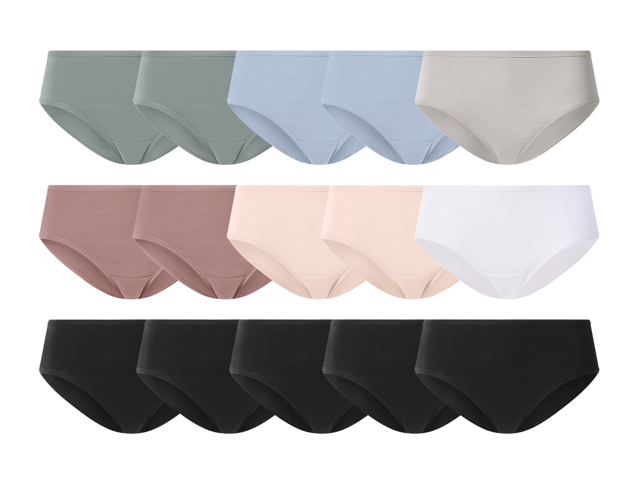 Set od 15 ženskih gaćica u tri reda, u sivim, plavim, bež, ružičastim, bijelim i crnim bojama.