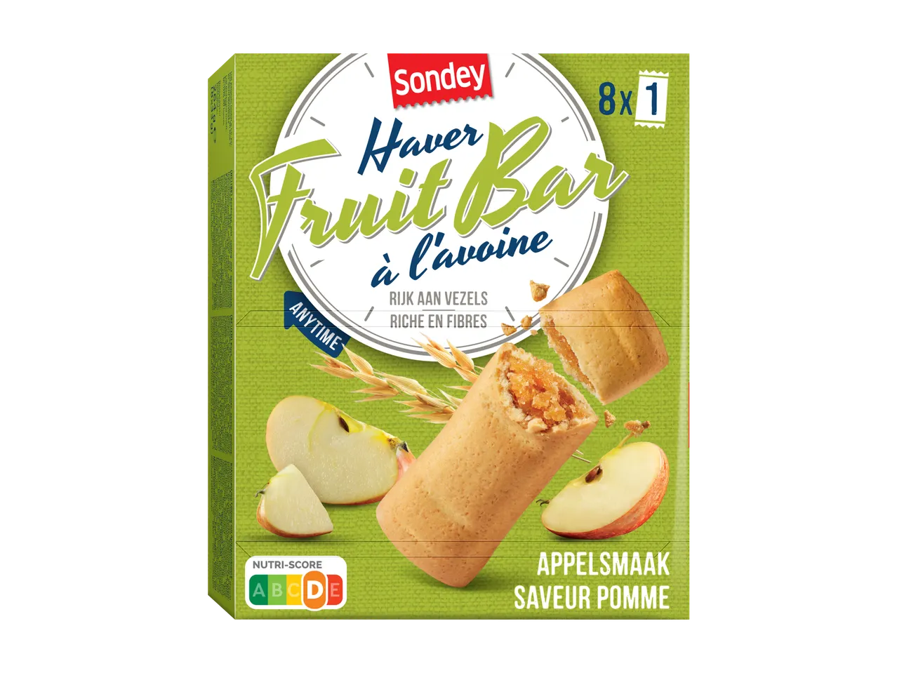 Sondey Haver Fruit Bar met appelsmaak, rijk aan vezels, 8x1 verpakking met Nutri-Score D.