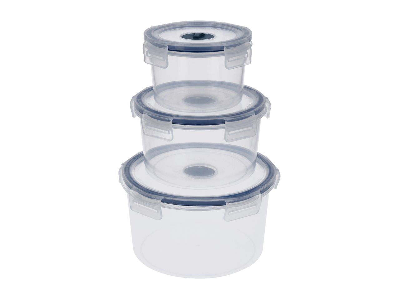 Stack of three clear round food storage containers with blue lids